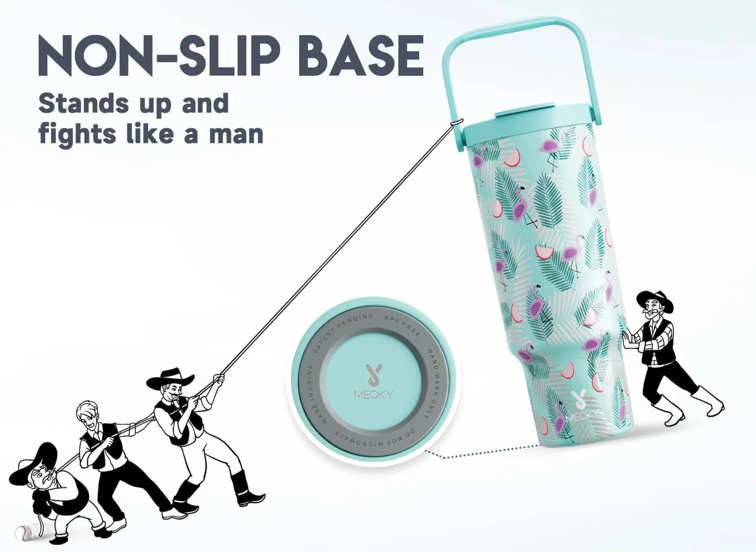 Meoky 40 oz Tumbler with Handle and Straw, Insulated Water Bottle, Stainless Steel Travel Mug, Keeps Cold for 34 Hours, 100% Leak Proof, Fits in Car Cup Holder (Blue Flamingo)