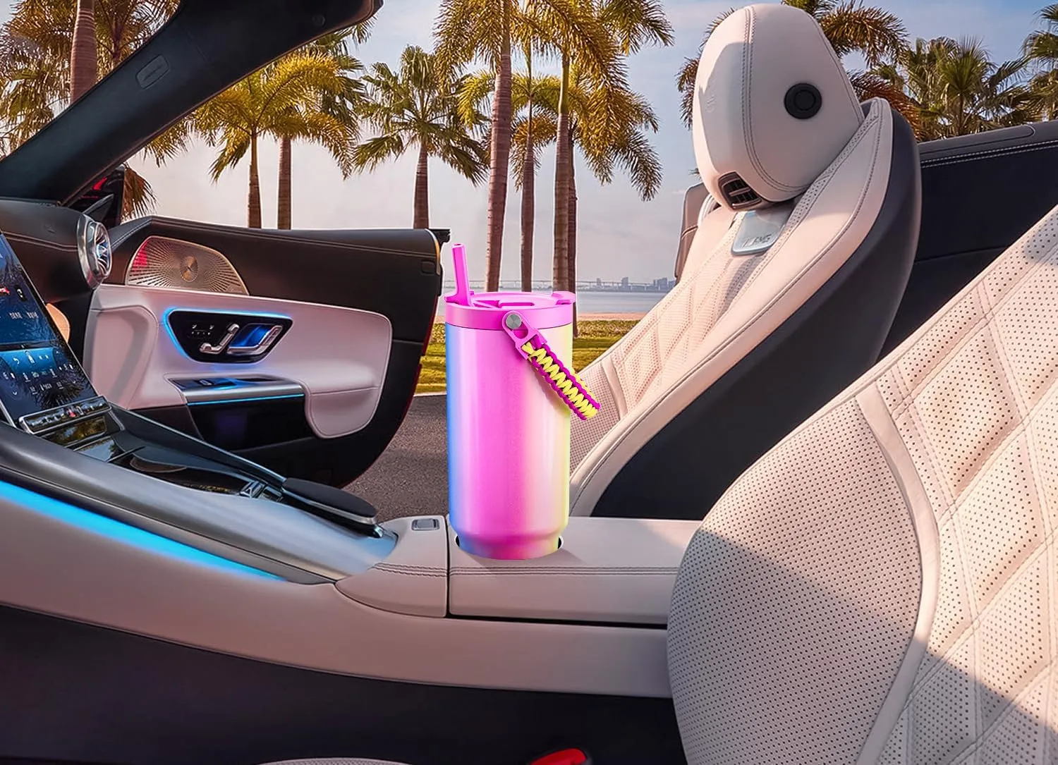 Meoky 40 oz Tumbler with Handle and Straw, Insulated Water Bottle, Stainless Steel Travel Mug, Keeps Cold for 34 Hours, 100% Leak Proof, Fits in Car Cup Holder (Blue Flamingo)