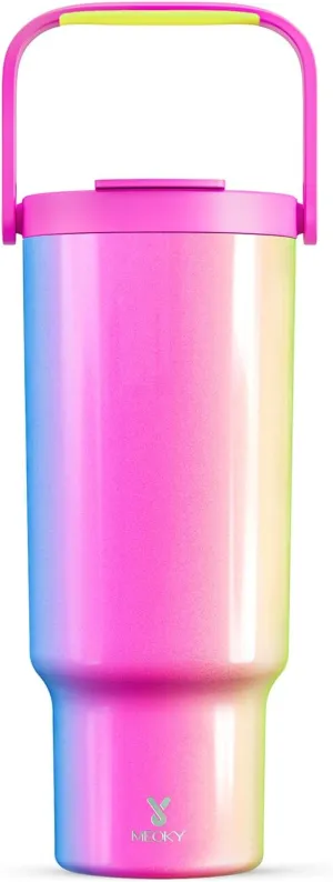 Meoky 40 oz Tumbler with Handle and Straw, Insulated Water Bottle, Stainless Steel Travel Mug, Keeps Cold for 34 Hours, 100% Leak Proof, Fits in Car Cup Holder (Carnival)