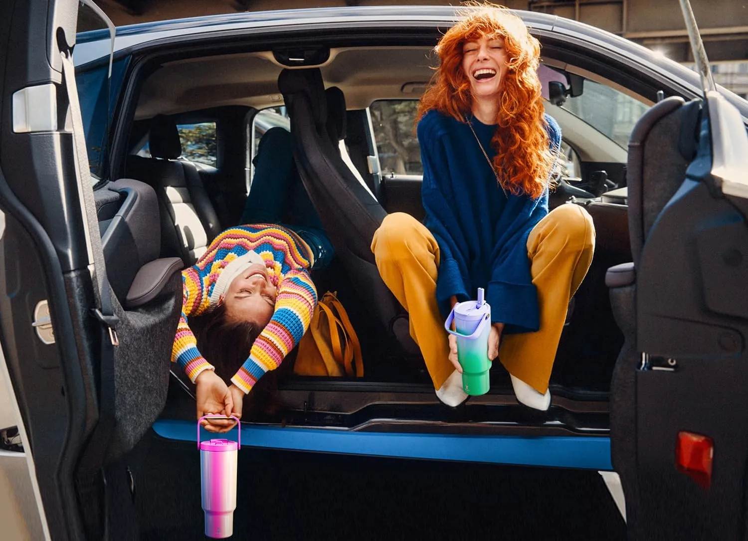 Meoky 40 oz Tumbler with Handle and Straw, Insulated Water Bottle, Stainless Steel Travel Mug, Keeps Cold for 34 Hours, 100% Leak Proof, Fits in Car Cup Holder (Carnival)