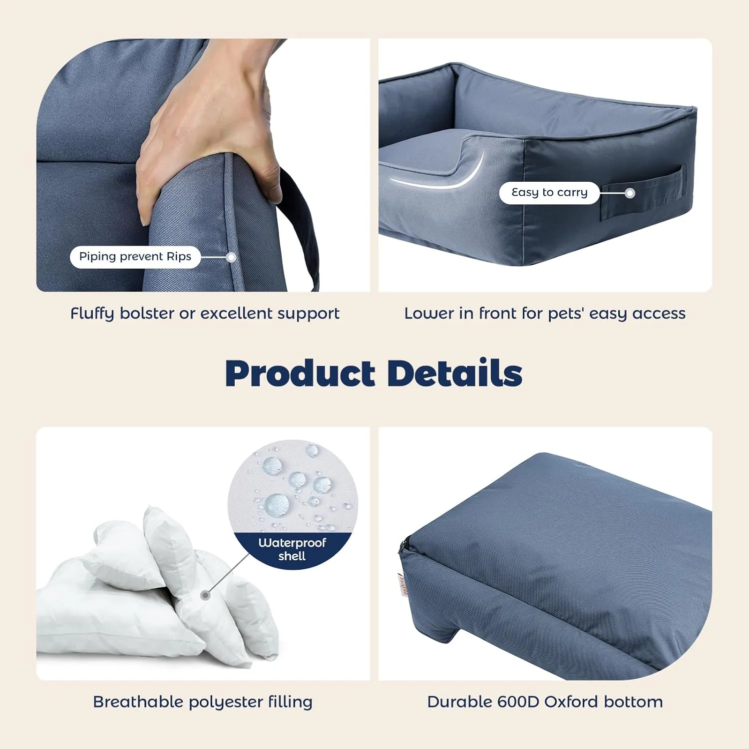 Miguel Outdoor Waterproof Cat Bed with Side, Oxford Durable Dog Bed for Small Dog Easy Clean, All Weather Rectangle Medium Pet Bed Bolster Tough Puppy Bed Scratch Resistant Removable Cover, 20 inches