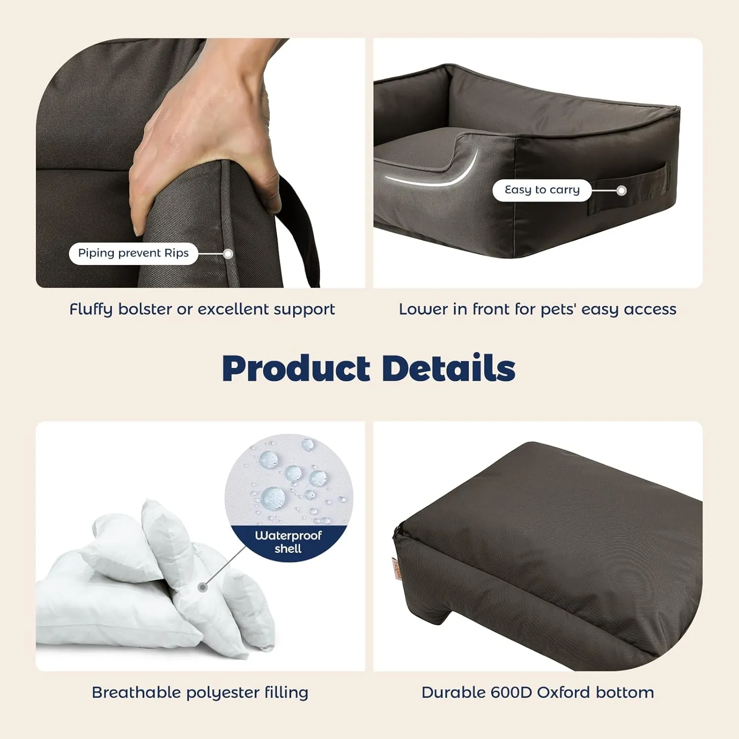 Miguel Outdoor Waterproof Cat Bed with Side, Oxford Durable Dog Bed for Small Dog Easy Clean, All Weather Rectangle Medium Pet Bed Bolster Tough Puppy Bed Scratch Resistant Removable Cover, 20 inches