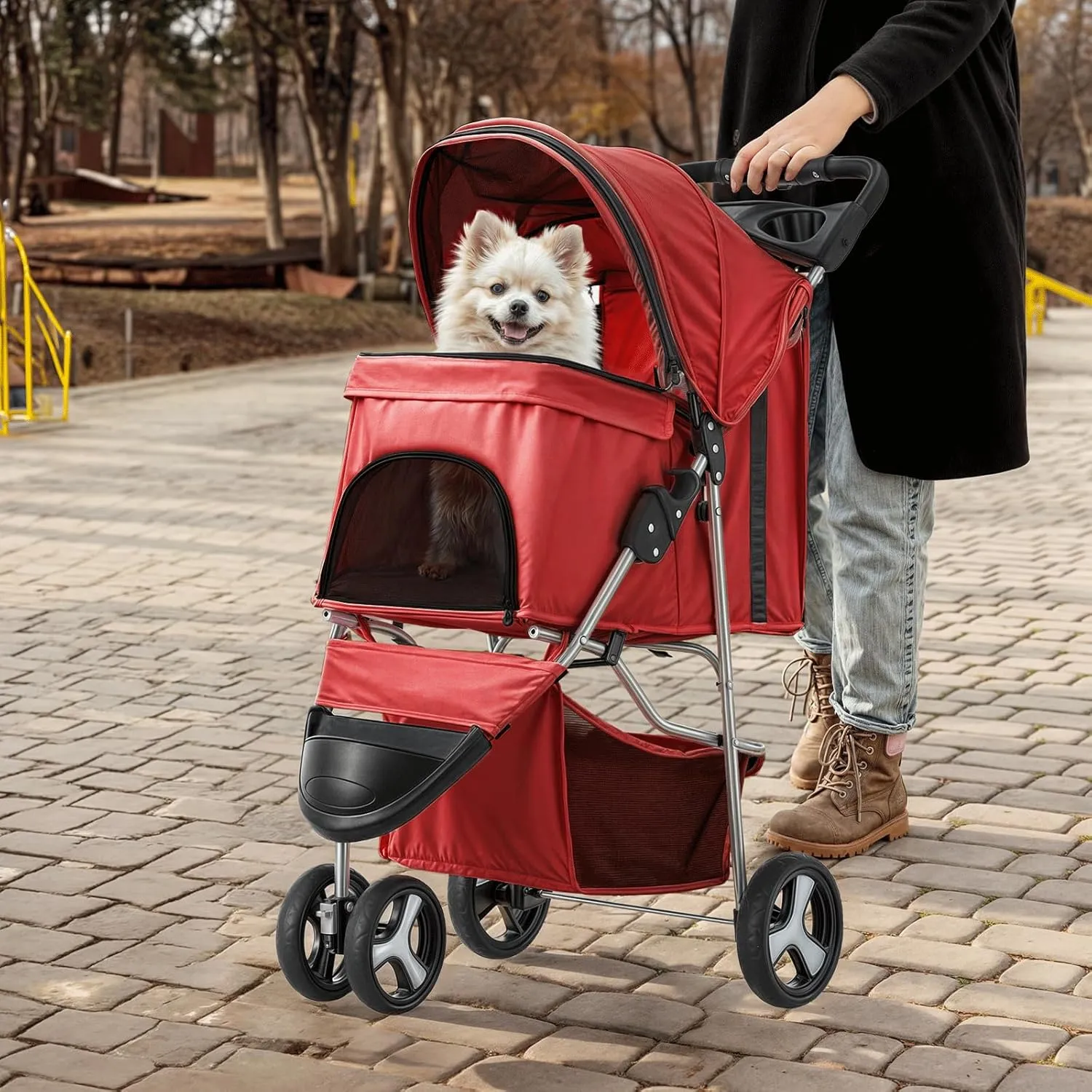 MoNiBloom 3 Wheels Pet Stroller, Foldable Puppy Cage Jogger Stroller with Weather Cover for All-Season, Storage Basket and Cup Holder, Breathable and Visible Mesh for Small/Medium Pets, Red