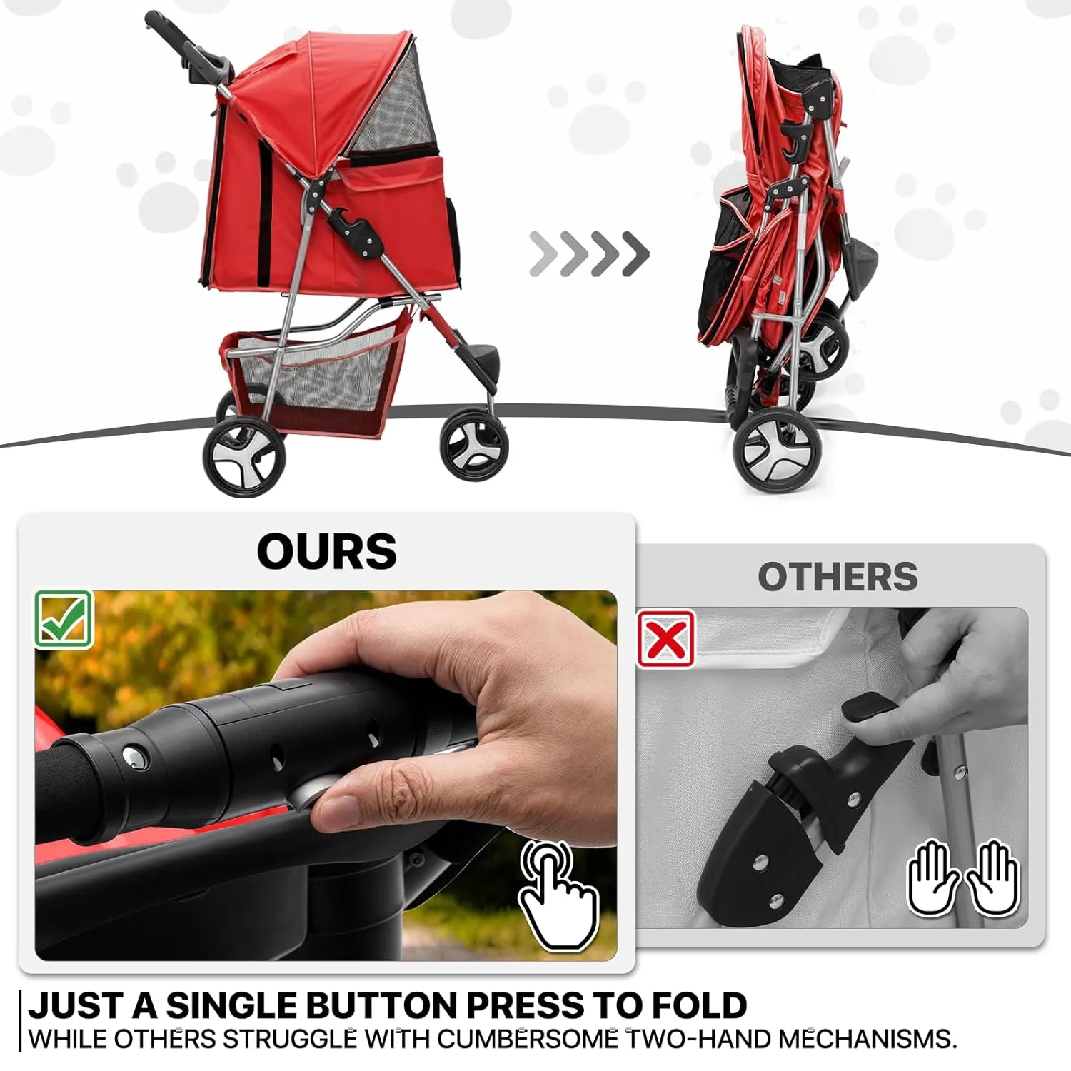 MoNiBloom 3 Wheels Pet Stroller, Foldable Puppy Cage Jogger Stroller with Weather Cover for All-Season, Storage Basket and Cup Holder, Breathable and Visible Mesh for Small/Medium Pets, Red