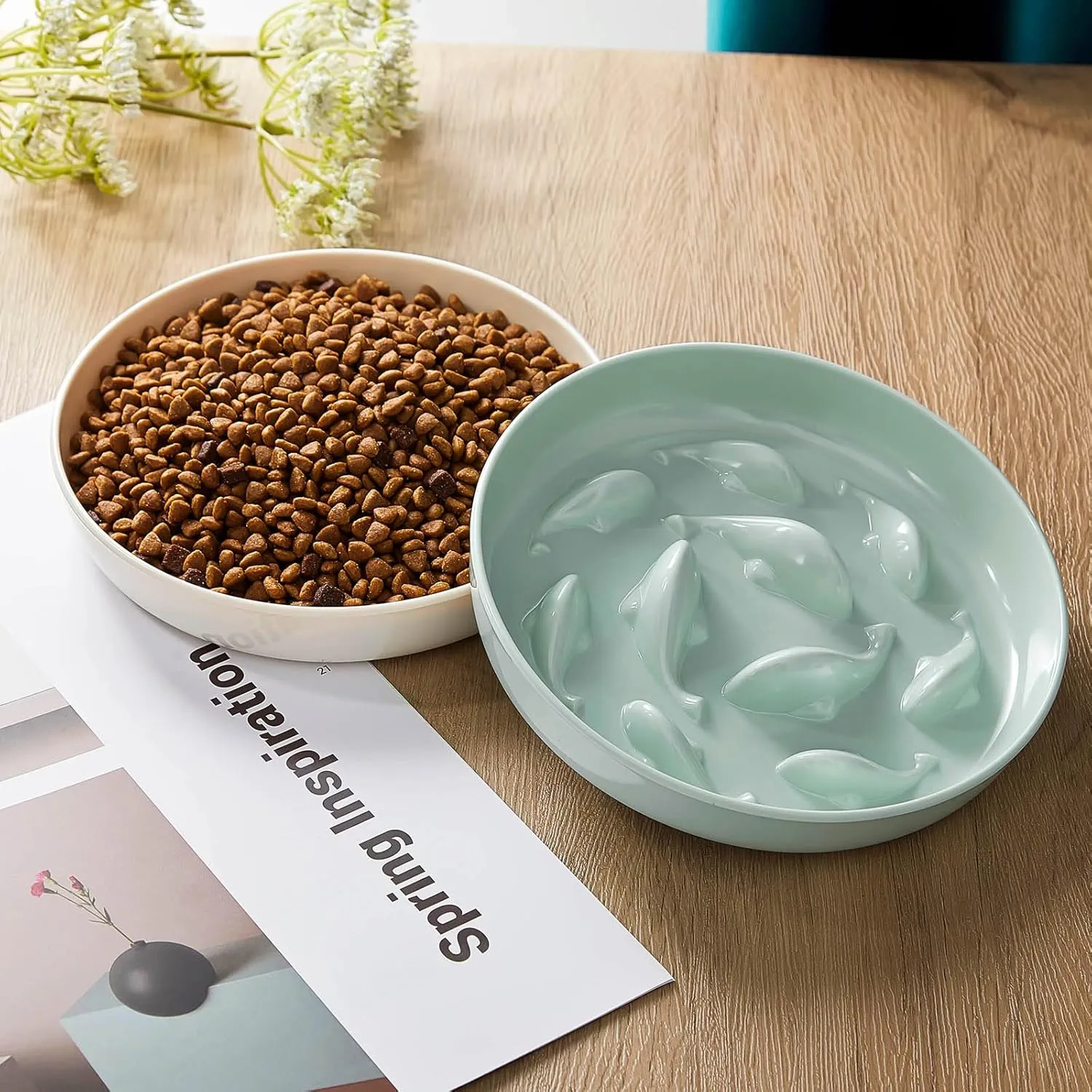 Nitial 2 Pcs Cat Slow Feeder Bowl Fish Pool Design Feeder Dish Fun Interactive Cat Food Bowl Healthy Eating Diet Bowls for Pet Puppy Dogs Dishwasher Safe(White, Green)