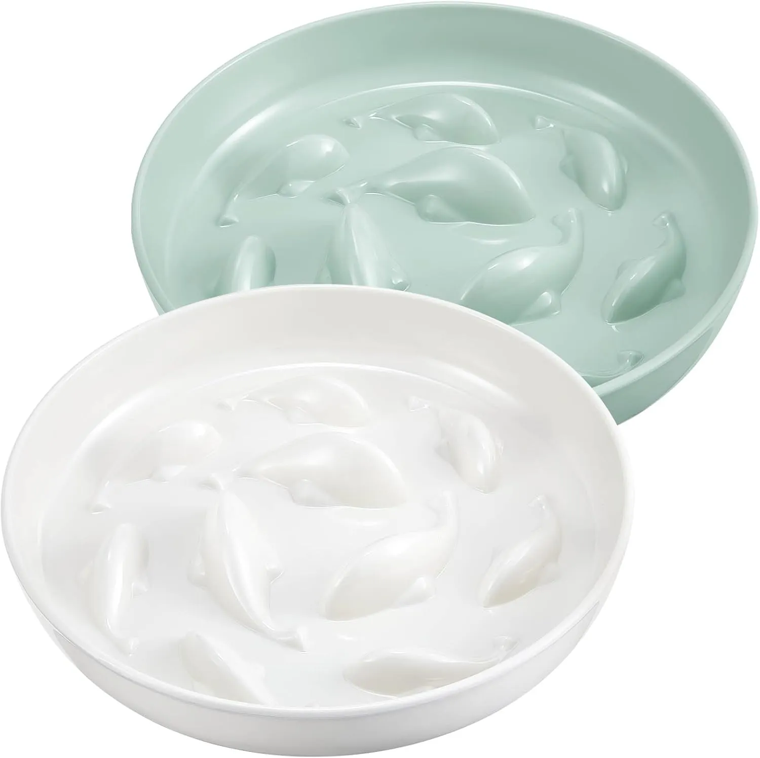 Nitial 2 Pcs Cat Slow Feeder Bowl Fish Pool Design Feeder Dish Fun Interactive Cat Food Bowl Healthy Eating Diet Bowls for Pet Puppy Dogs Dishwasher Safe(White, Green)