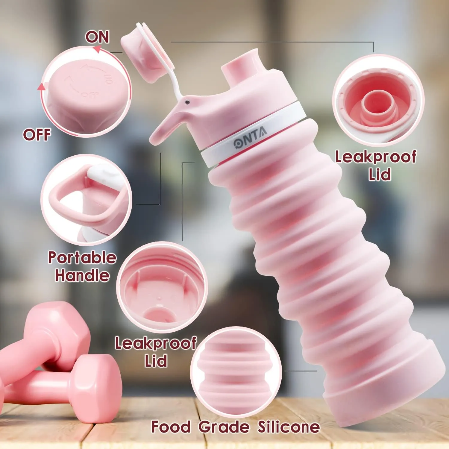 ONTA Collapsible BPA Free Silicone Water Bottle, 20oz - Portable, Leakproof, Easy Clean, Shatter Resistant, Travel Friendly