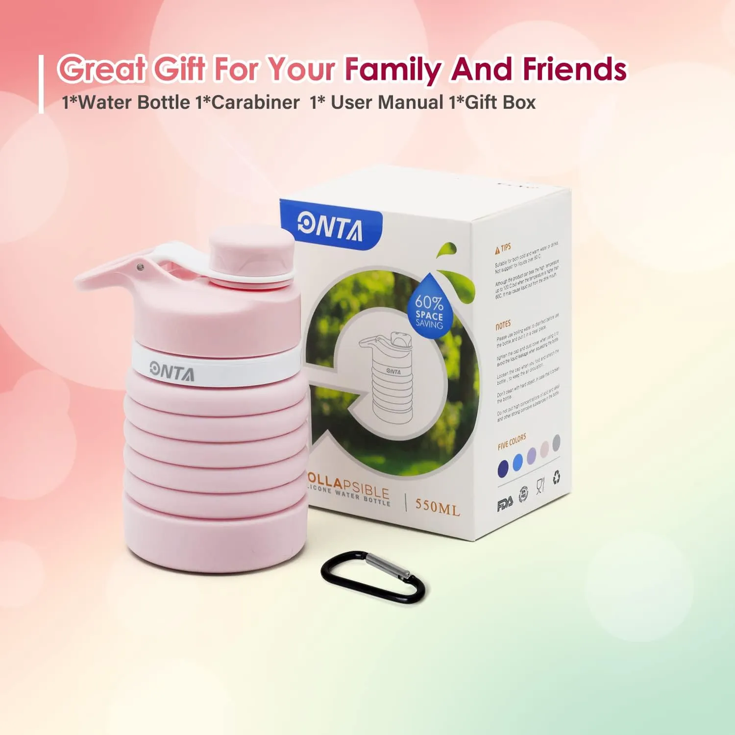 ONTA Collapsible BPA Free Silicone Water Bottle, 20oz - Portable, Leakproof, Easy Clean, Shatter Resistant, Travel Friendly