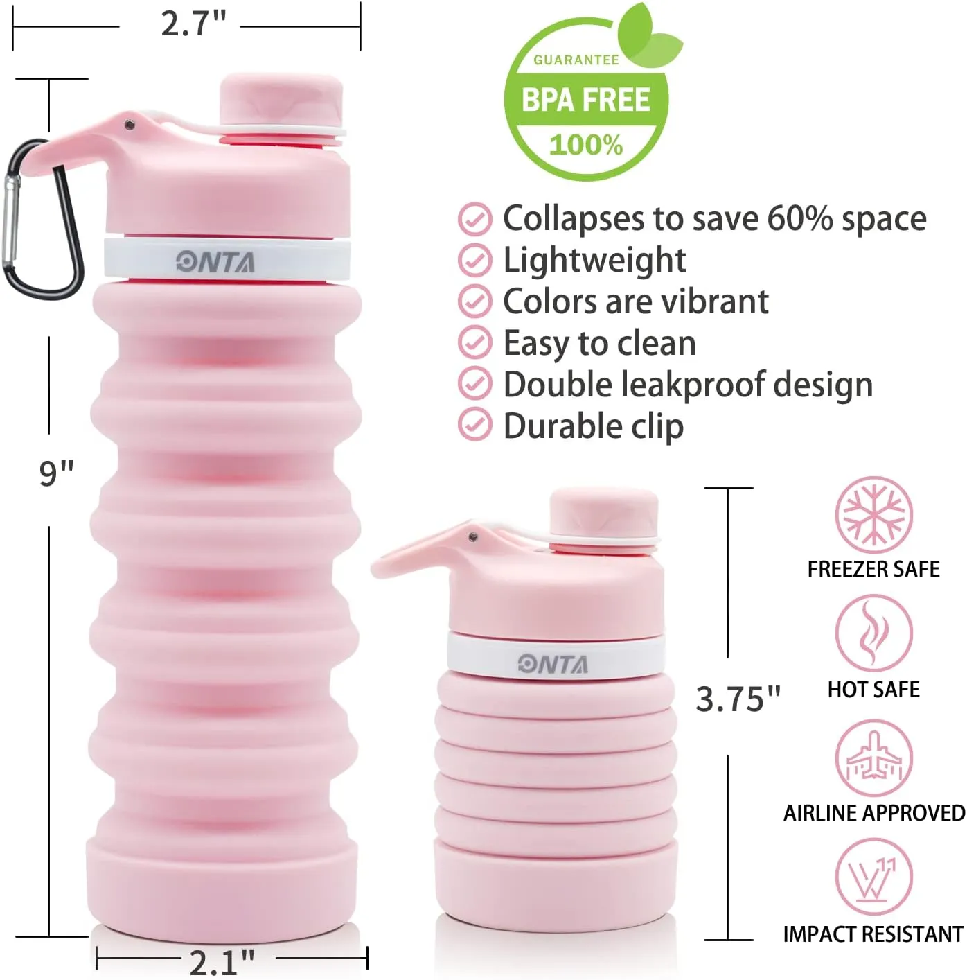 ONTA Collapsible BPA Free Silicone Water Bottle, 20oz - Portable, Leakproof, Easy Clean, Shatter Resistant, Travel Friendly