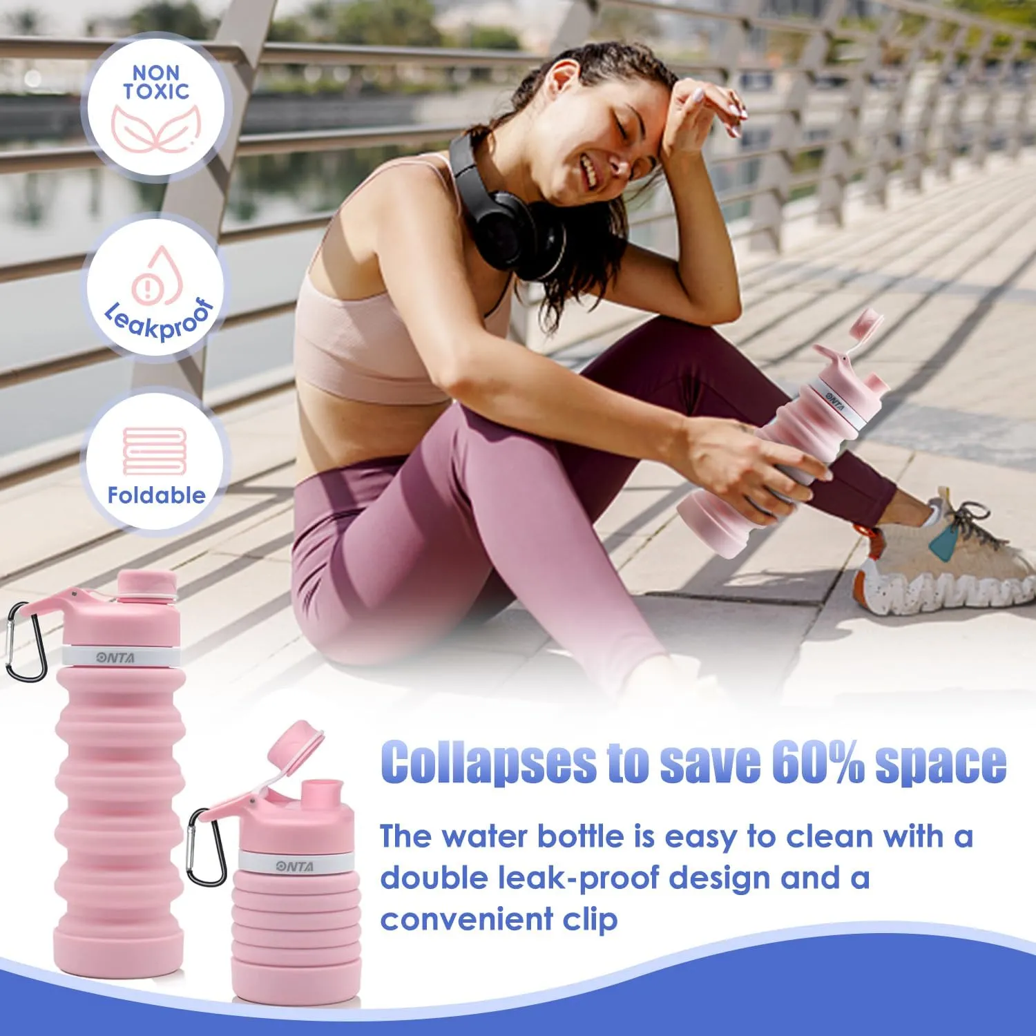 ONTA Collapsible BPA Free Silicone Water Bottle, 20oz - Portable, Leakproof, Easy Clean, Shatter Resistant, Travel Friendly