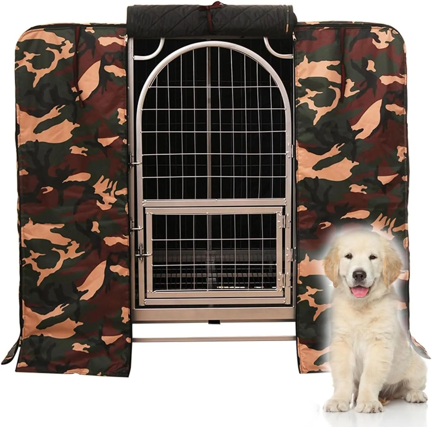 Oxford Cloth Dog Crate Cover, Windproof Warm Pet Kennel Cover, Used to Keep Cats and Dogs Warm, Ventilation Side Windows, Waterproof Camouflage, for Outdoor