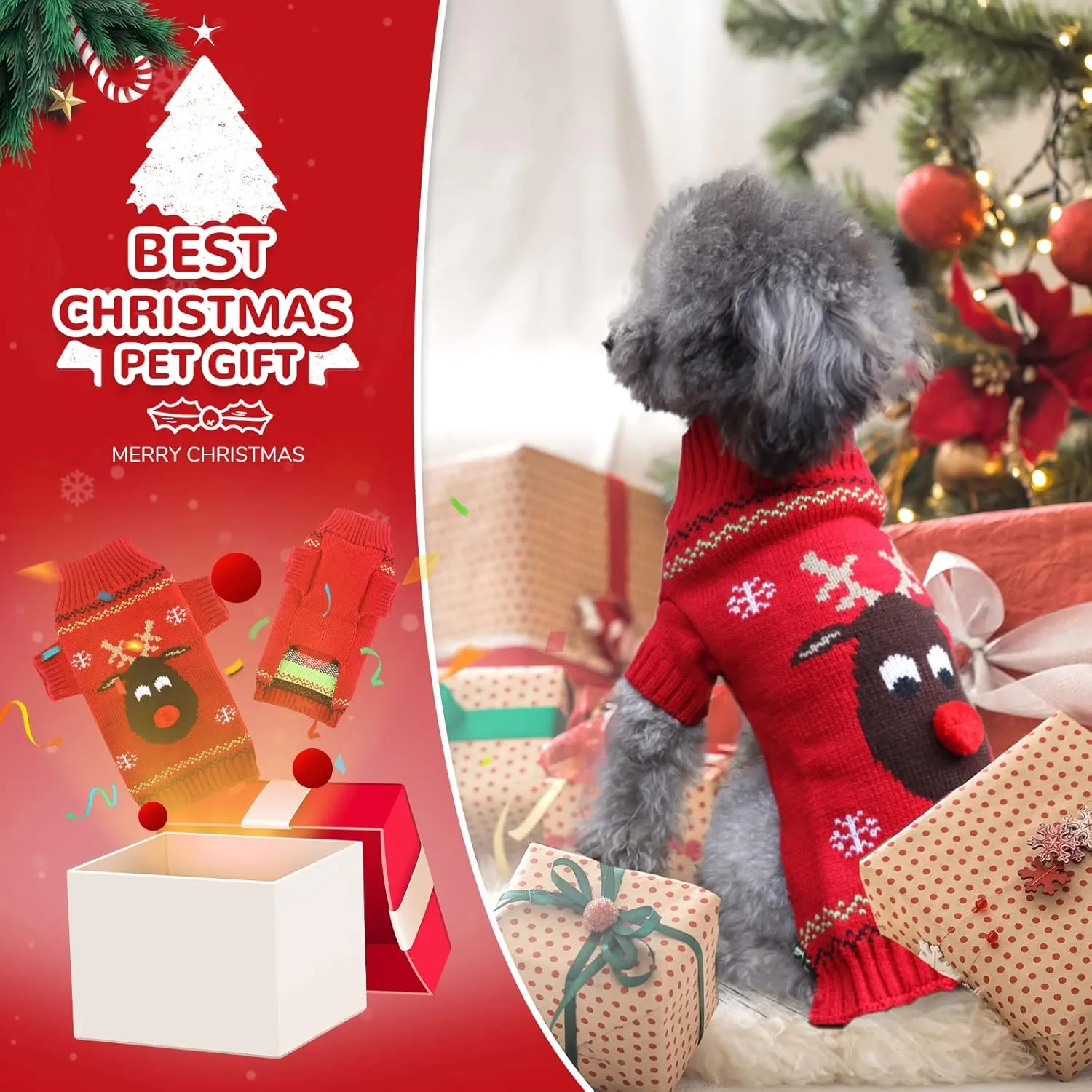 PETCARE Dog Ugly Christmas Sweater Red Funny Cute Cartoon Reindeer Cat Sweaters Jumper Holiday Dog Clothes Puppy Sweaters for Small Medium Large Dogs Fall Winter Outfits Xmas Dog Costume,Large