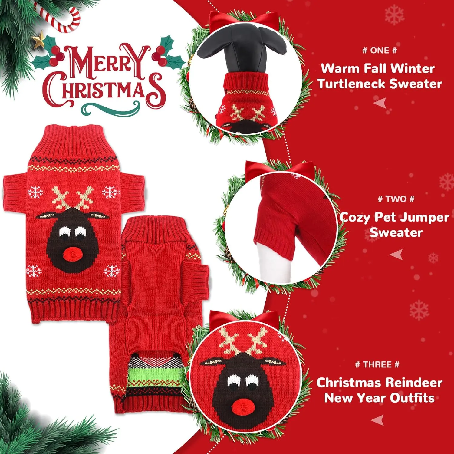 PETCARE Dog Ugly Christmas Sweater Red Funny Cute Cartoon Reindeer Cat Sweaters Jumper Holiday Dog Clothes Puppy Sweaters for Small Medium Large Dogs Fall Winter Outfits Xmas Dog Costume,Large