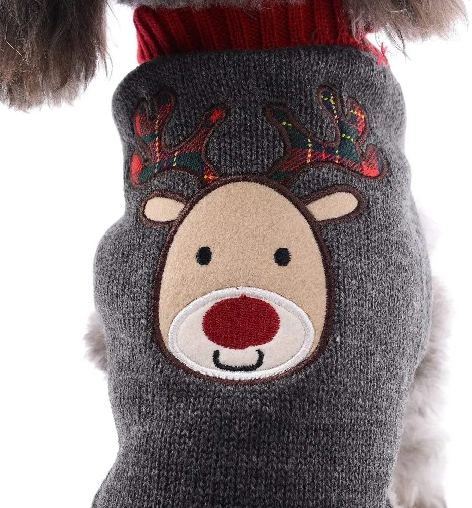PETCARE Reindeer Christmas Dog & Cat Sweater - Gray Cartoon Elk Pet Holiday Clothes - Small to Large Sizes - Fall Winter Xmas Dog Costume