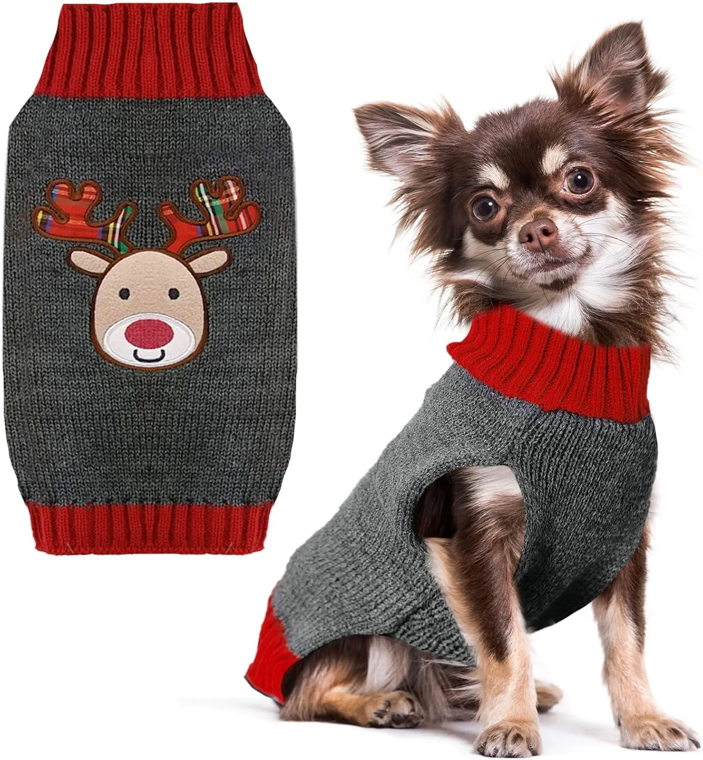 PETCARE Reindeer Christmas Dog & Cat Sweater - Gray Cartoon Elk Pet Holiday Clothes - Small to Large Sizes - Fall Winter Xmas Dog Costume