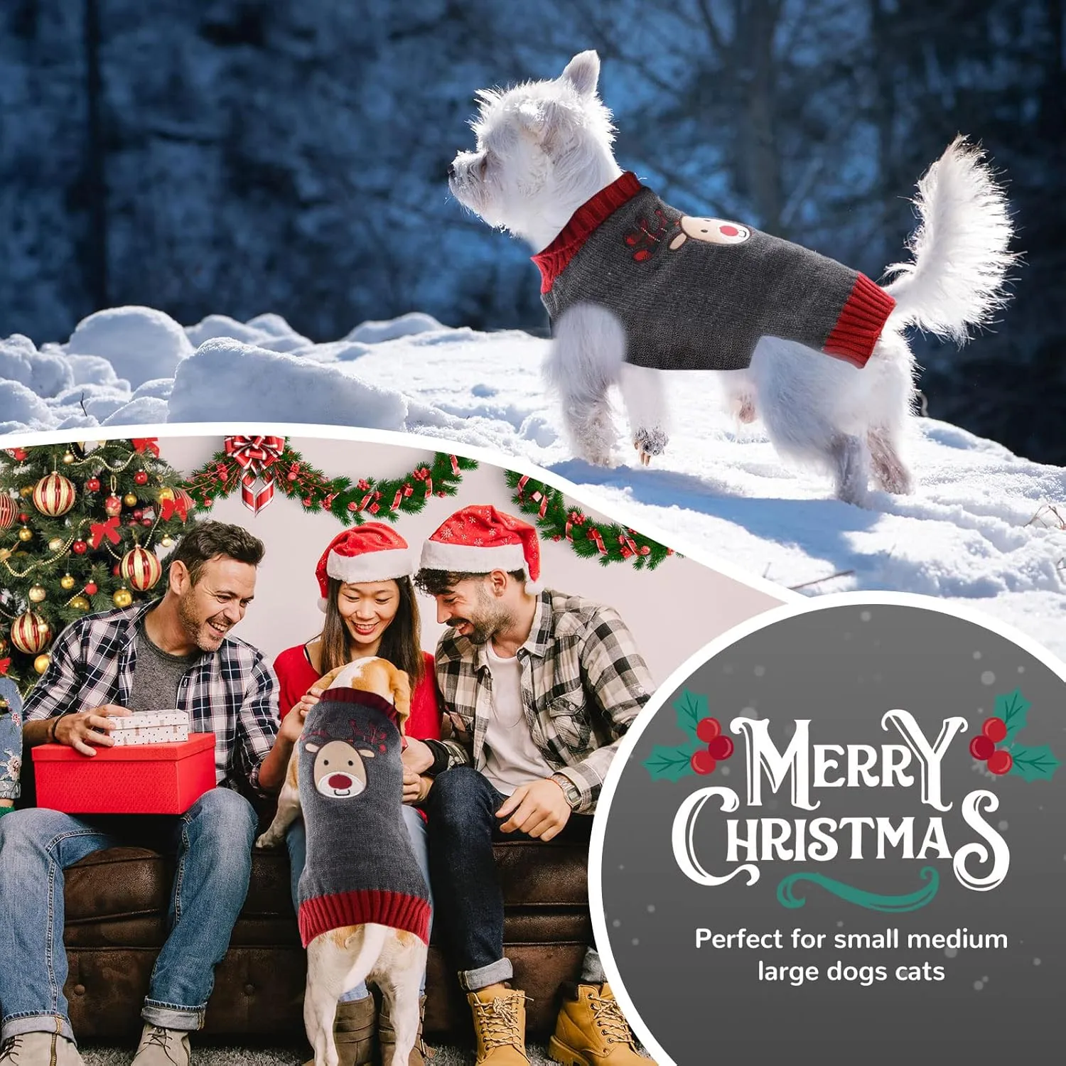 PETCARE Reindeer Christmas Dog & Cat Sweater - Gray Cartoon Elk Pet Holiday Clothes - Small to Large Sizes - Fall Winter Xmas Dog Costume