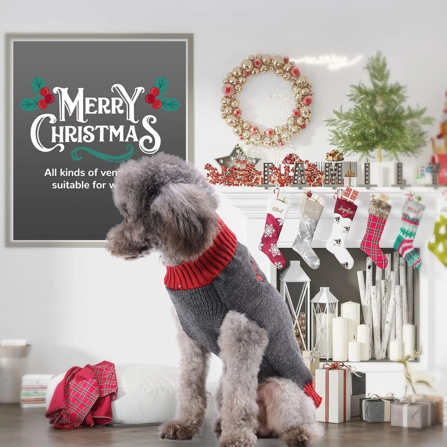PETCARE Reindeer Christmas Dog & Cat Sweater - Gray Cartoon Elk Pet Holiday Clothes - Small to Large Sizes - Fall Winter Xmas Dog Costume