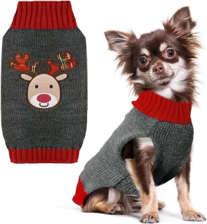 PETCARE Reindeer Christmas Dog & Cat Sweater - Gray Cartoon Elk Pet Holiday Clothes - Small to Large Sizes - Fall Winter Xmas Dog Costume