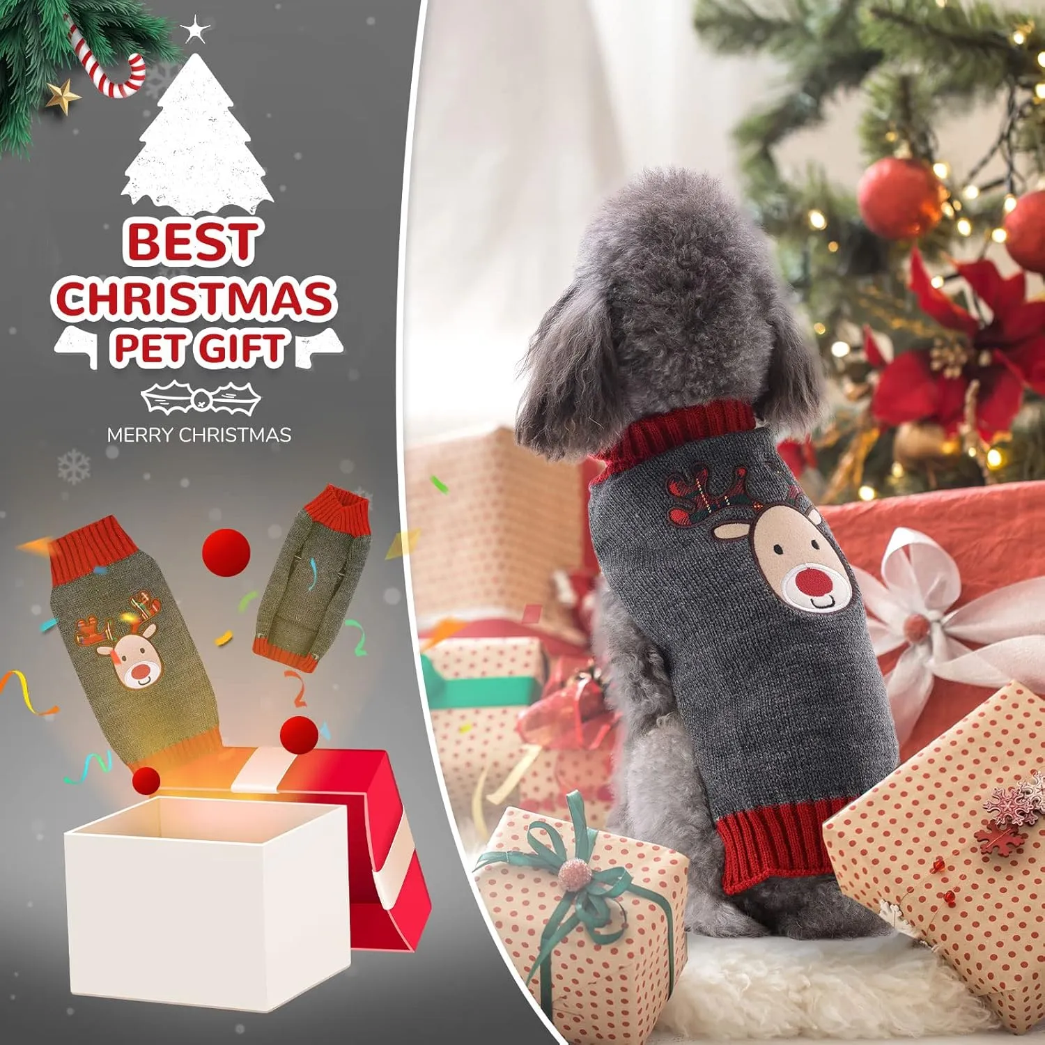 PETCARE Reindeer Christmas Dog & Cat Sweater - Gray Cartoon Elk Pet Holiday Clothes - Small to Large Sizes - Fall Winter Xmas Dog Costume