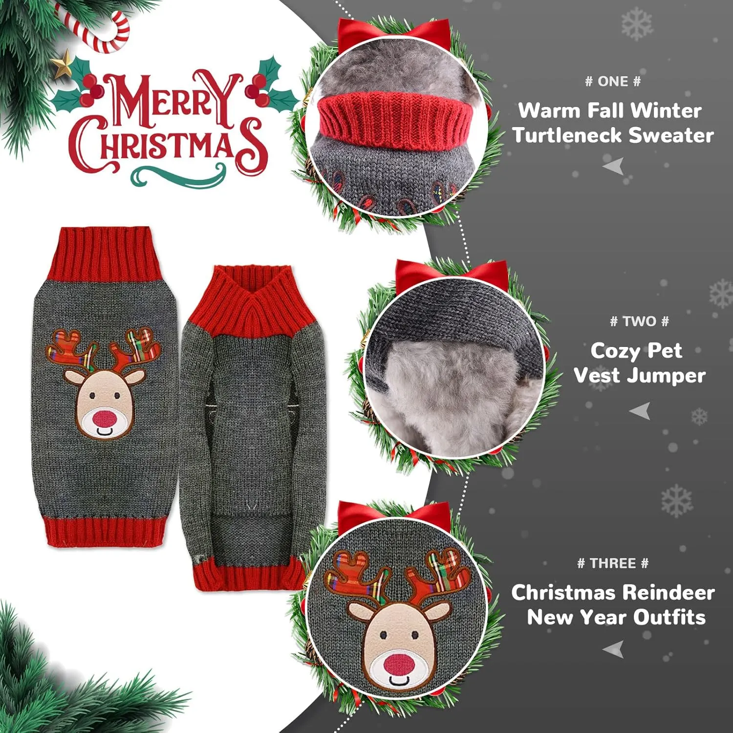 PETCARE Reindeer Christmas Dog & Cat Sweater - Gray Cartoon Elk Pet Holiday Clothes - Small to Large Sizes - Fall Winter Xmas Dog Costume