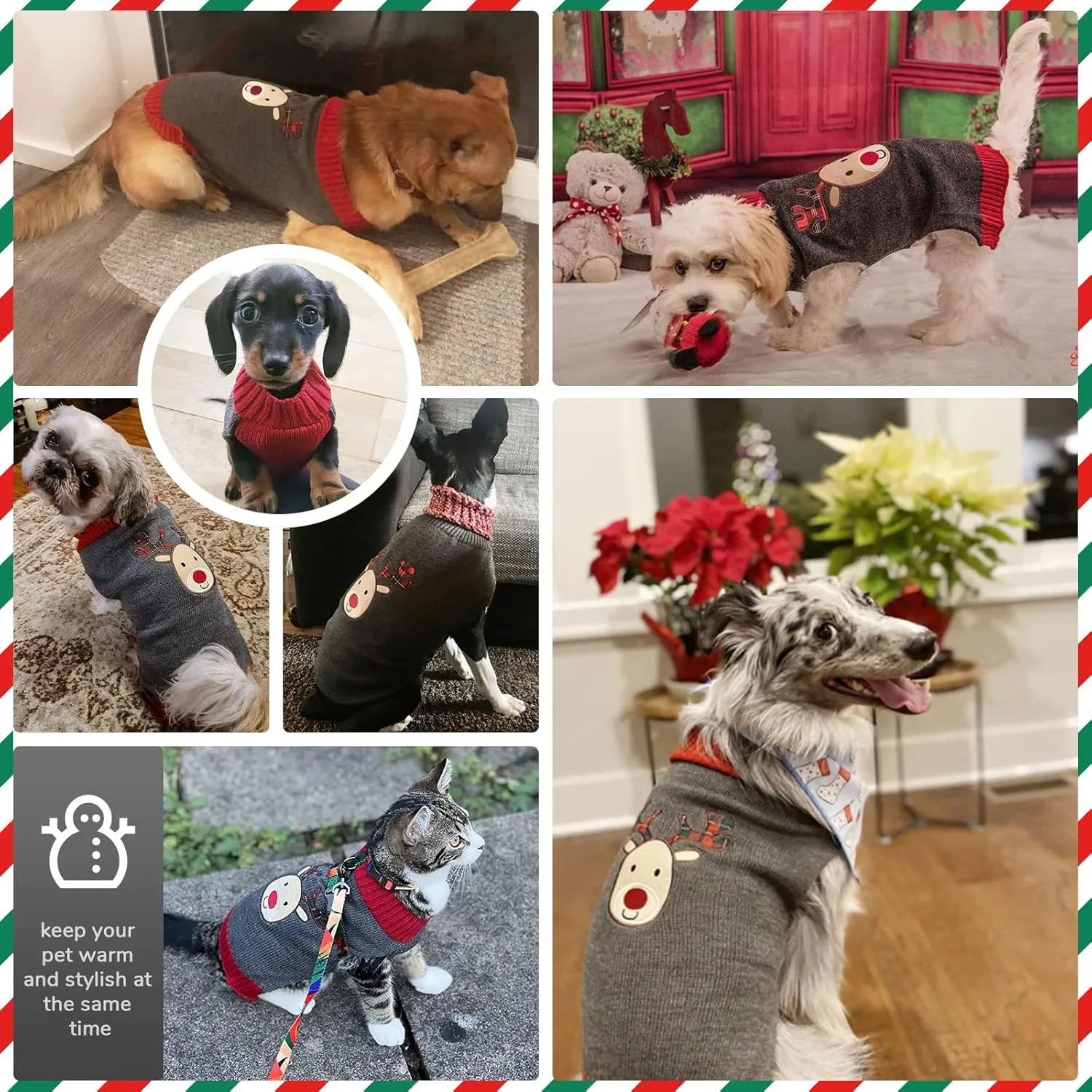 PETCARE Reindeer Christmas Dog & Cat Sweater - Gray Cartoon Elk Pet Holiday Clothes - Small to Large Sizes - Fall Winter Xmas Dog Costume