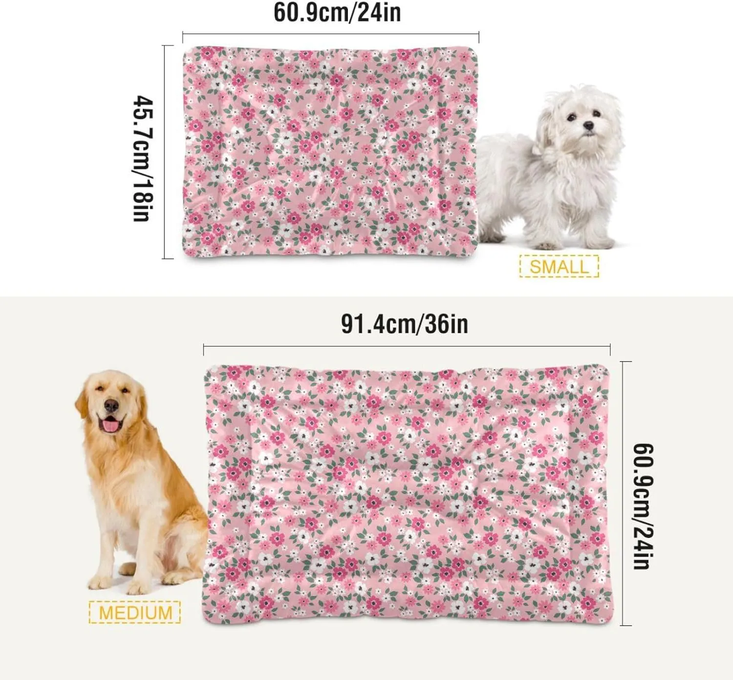 Pink Floral Pet Bed Pad Soft Dog Bed Mat with Anti-Slip Bottom, Machine Washable Crate Pad Mattress for Dog Sleeping