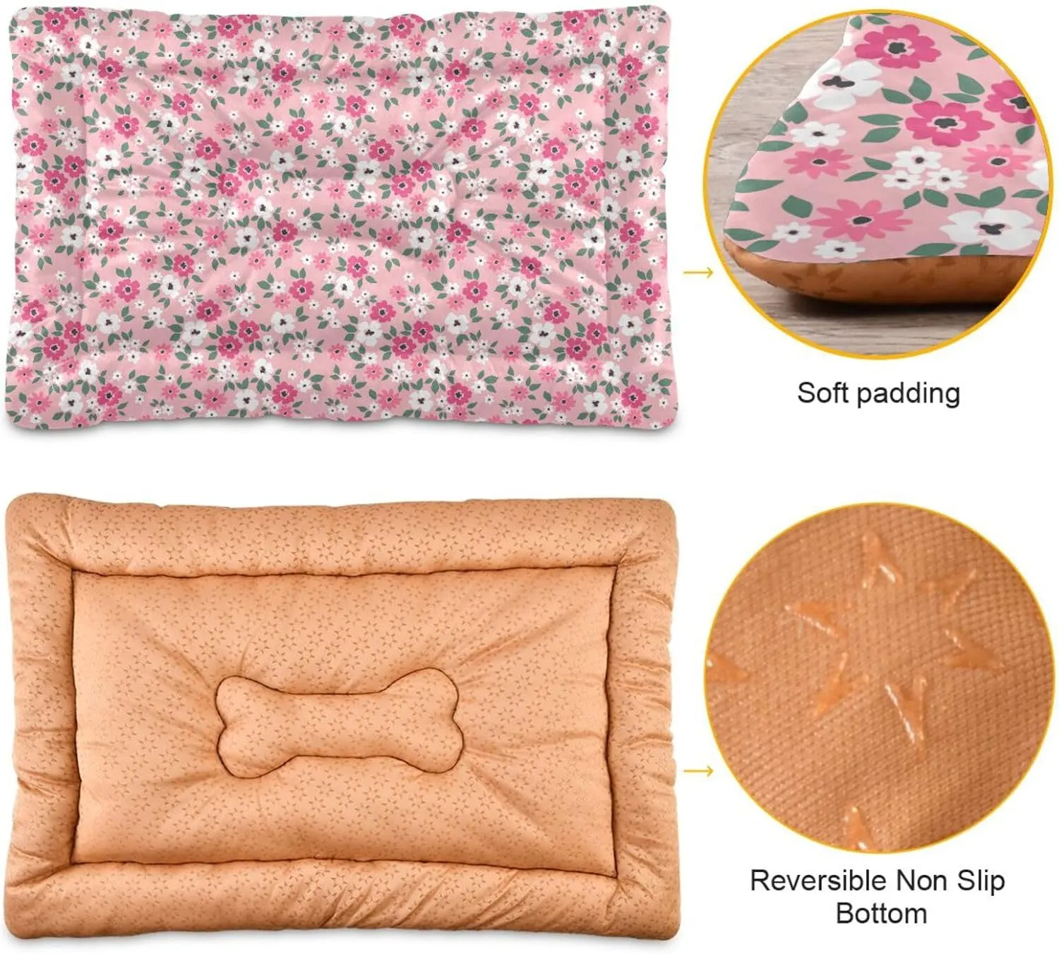 Pink Floral Pet Bed Pad Soft Dog Bed Mat with Anti-Slip Bottom, Machine Washable Crate Pad Mattress for Dog Sleeping