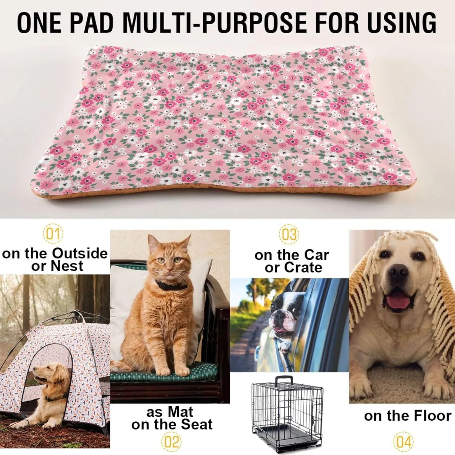 Pink Floral Pet Bed Pad Soft Dog Bed Mat with Anti-Slip Bottom, Machine Washable Crate Pad Mattress for Dog Sleeping