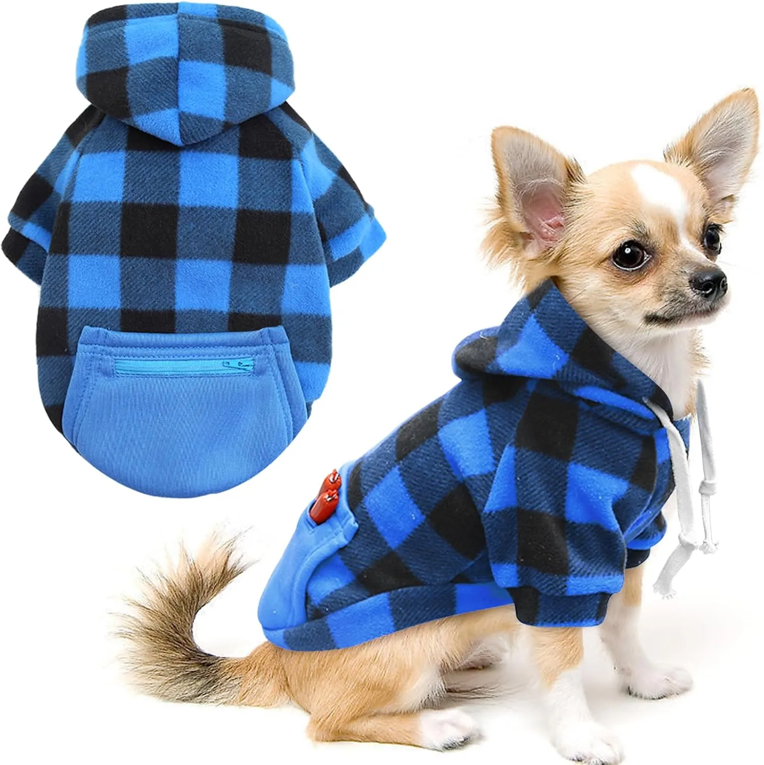 Plaid Dog Sweatshirt & Puppy Sweater - Soft Brushed Fleece Hoodies with Zipper Pocket - Dog Winter Coat - Cotton Pet Hoodie - Small to 4XL