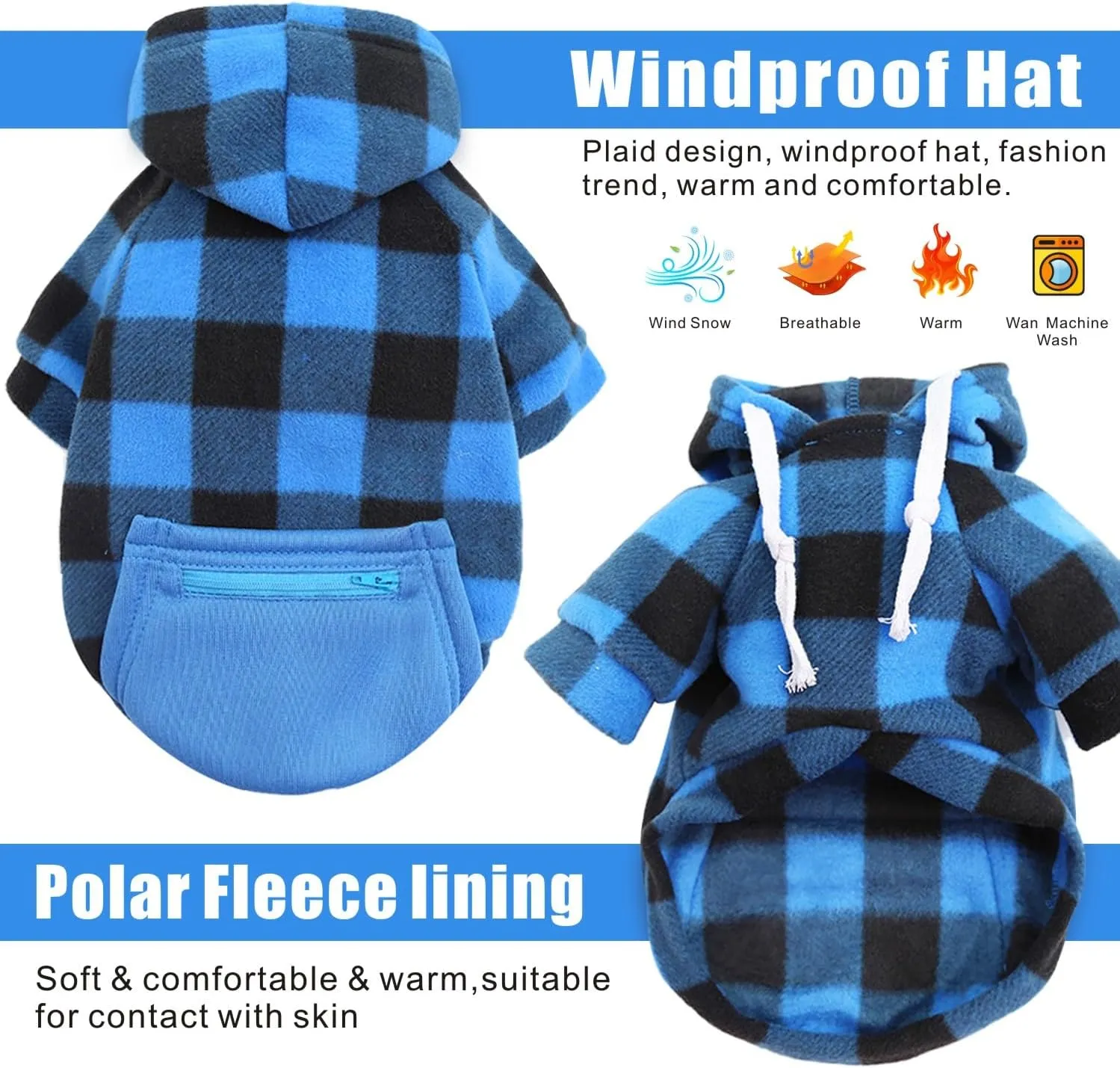 Plaid Dog Sweatshirt & Puppy Sweater - Soft Brushed Fleece Hoodies with Zipper Pocket - Dog Winter Coat - Cotton Pet Hoodie - Small to 4XL