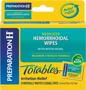Preparation H Totables Medicated Hemorrhoidal Flushable Wipes with Witch Hazel, Maximum Strength Formula, Gentle Everyday Cleansing with Aloe, Individually Wrapped, 10 ct (Pack of 6)