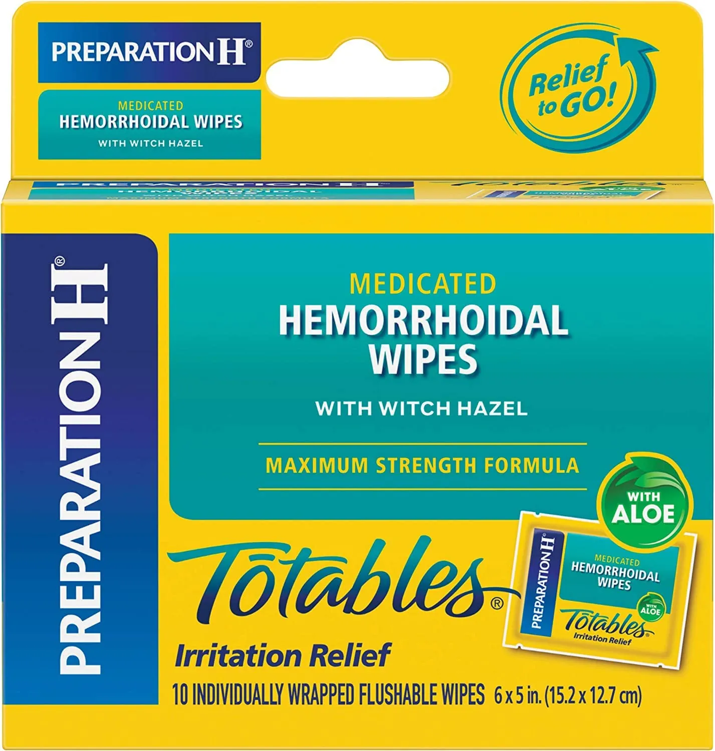 Preparation H Totables Medicated Hemorrhoidal Flushable Wipes with Witch Hazel, Maximum Strength Formula, Gentle Everyday Cleansing with Aloe, Individually Wrapped, 10 ct (Pack of 6)
