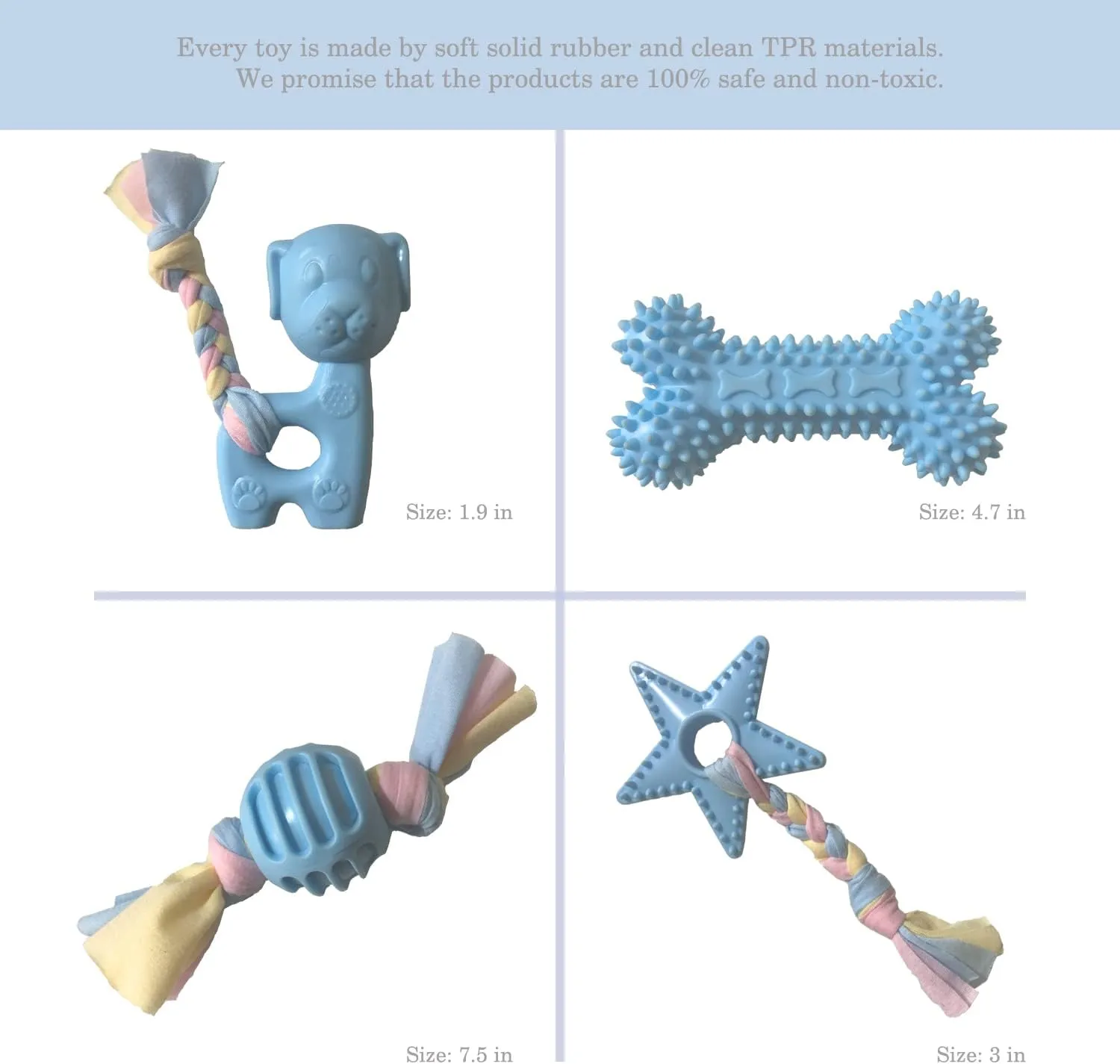 Puppy Toys for Teething, Dog Chew Toys for Small & Medium Breeds, Soothe Teething Pain, Lessens Anxiety, Durable, All-Natural Rubber and Cotton, 4-Pack (Blue)