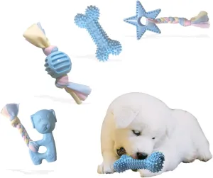 Puppy Toys for Teething, Dog Chew Toys for Small & Medium Breeds, Soothe Teething Pain, Lessens Anxiety, Durable, All-Natural Rubber and Cotton, 4-Pack (Blue)