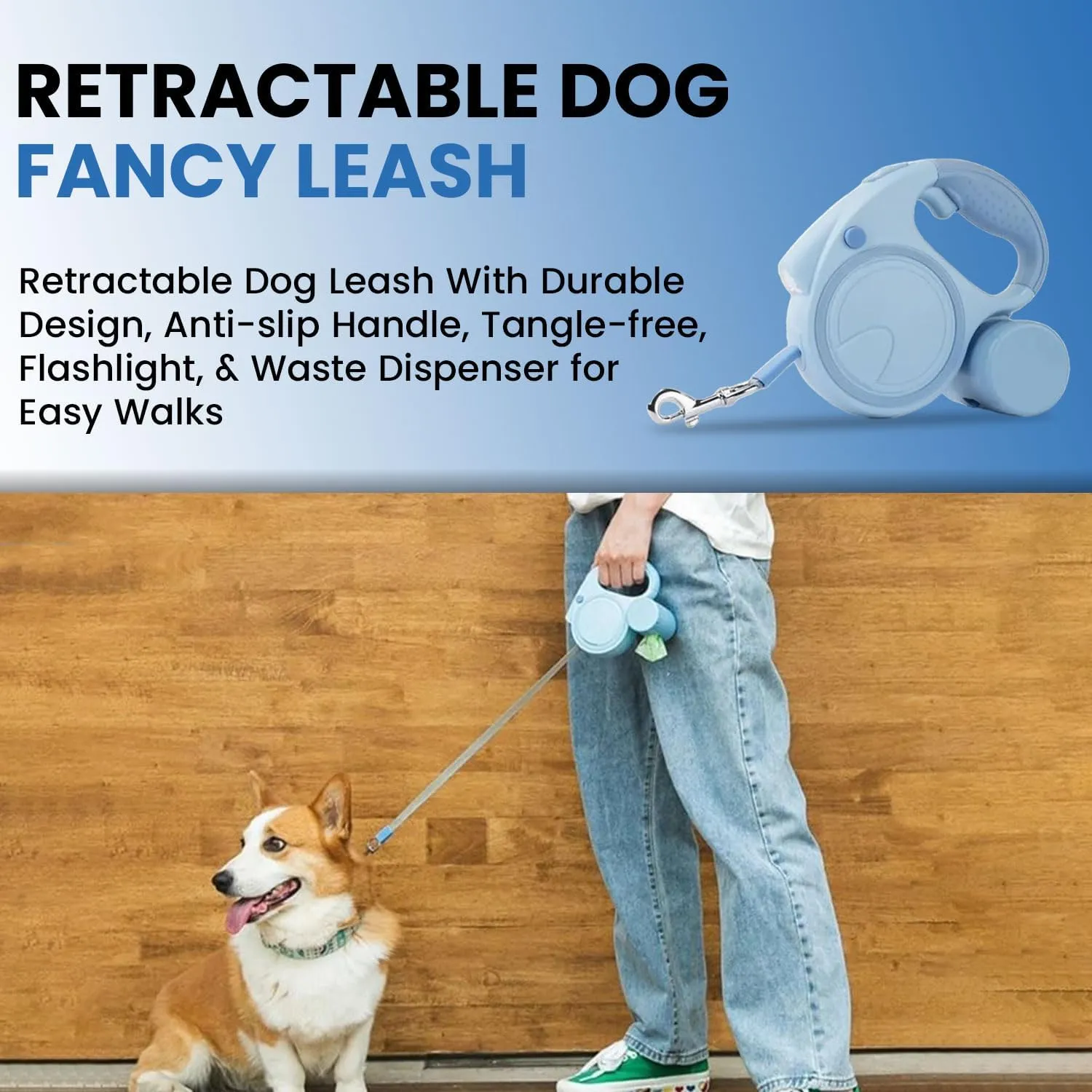 Retractable Dog Fancy Leash with Flashlight and Dispenser, 16 ft Dog Retractable Leash is Perfect for Safe and Comfortable Walking with Your Pet - Suitable for Dogs - Blue