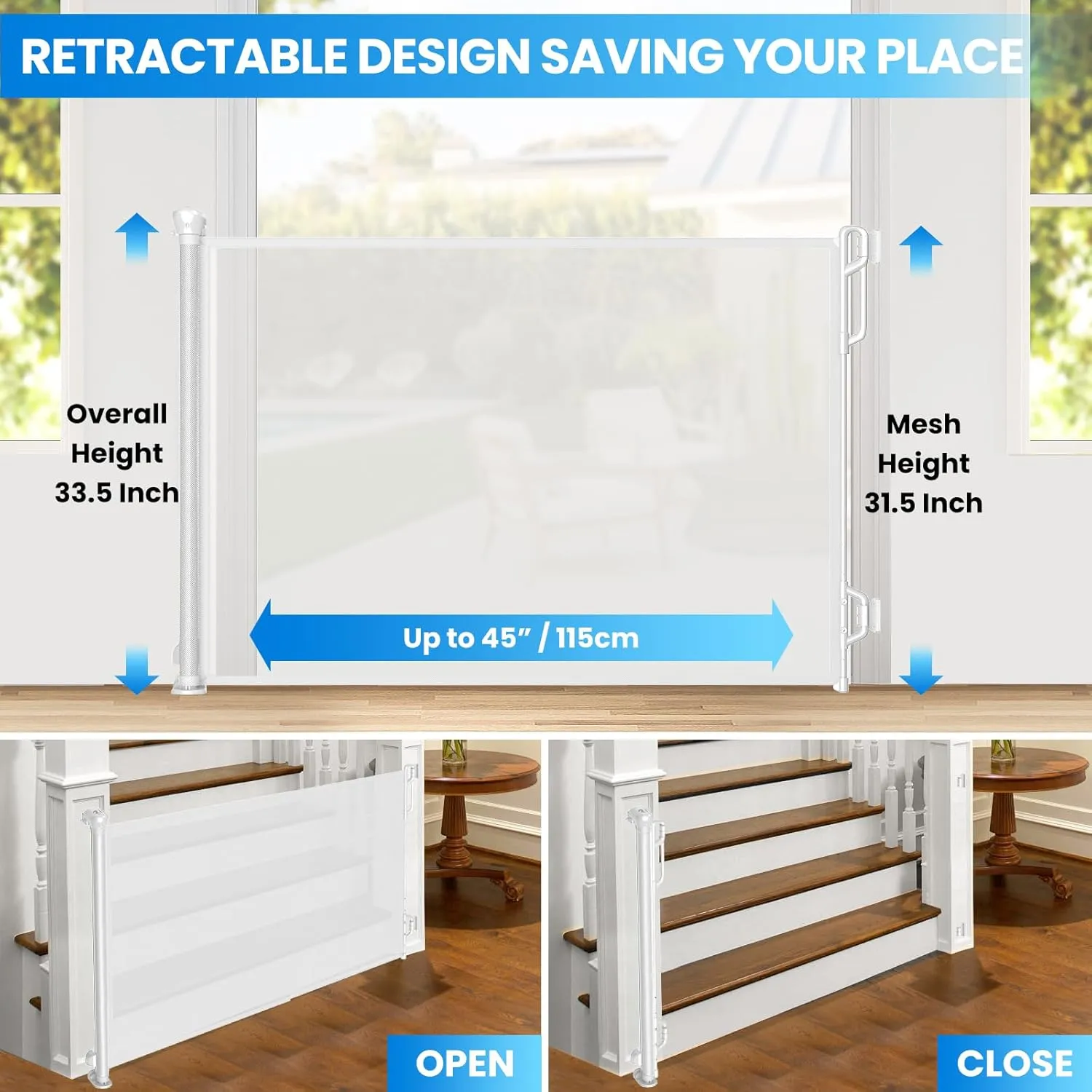 Retractable Safety Baby Gate or Mesh Dog Gate,Durable Portable Mesh Retractable Gate,Easy to Use for Stairs, Doorways, Hallways, Indoor, Outdoor, 33.5" Tall, Up to 45" Wide, White