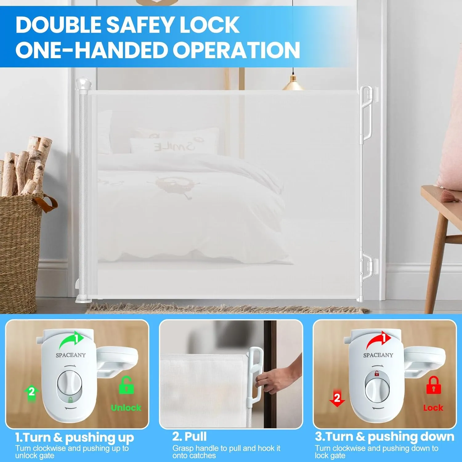 Retractable Safety Baby Gate or Mesh Dog Gate,Durable Portable Mesh Retractable Gate,Easy to Use for Stairs, Doorways, Hallways, Indoor, Outdoor, 33.5" Tall, Up to 45" Wide, White