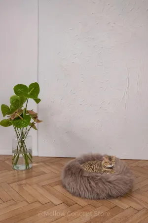 Round Natural Sheepskin Pet Bed - Greige