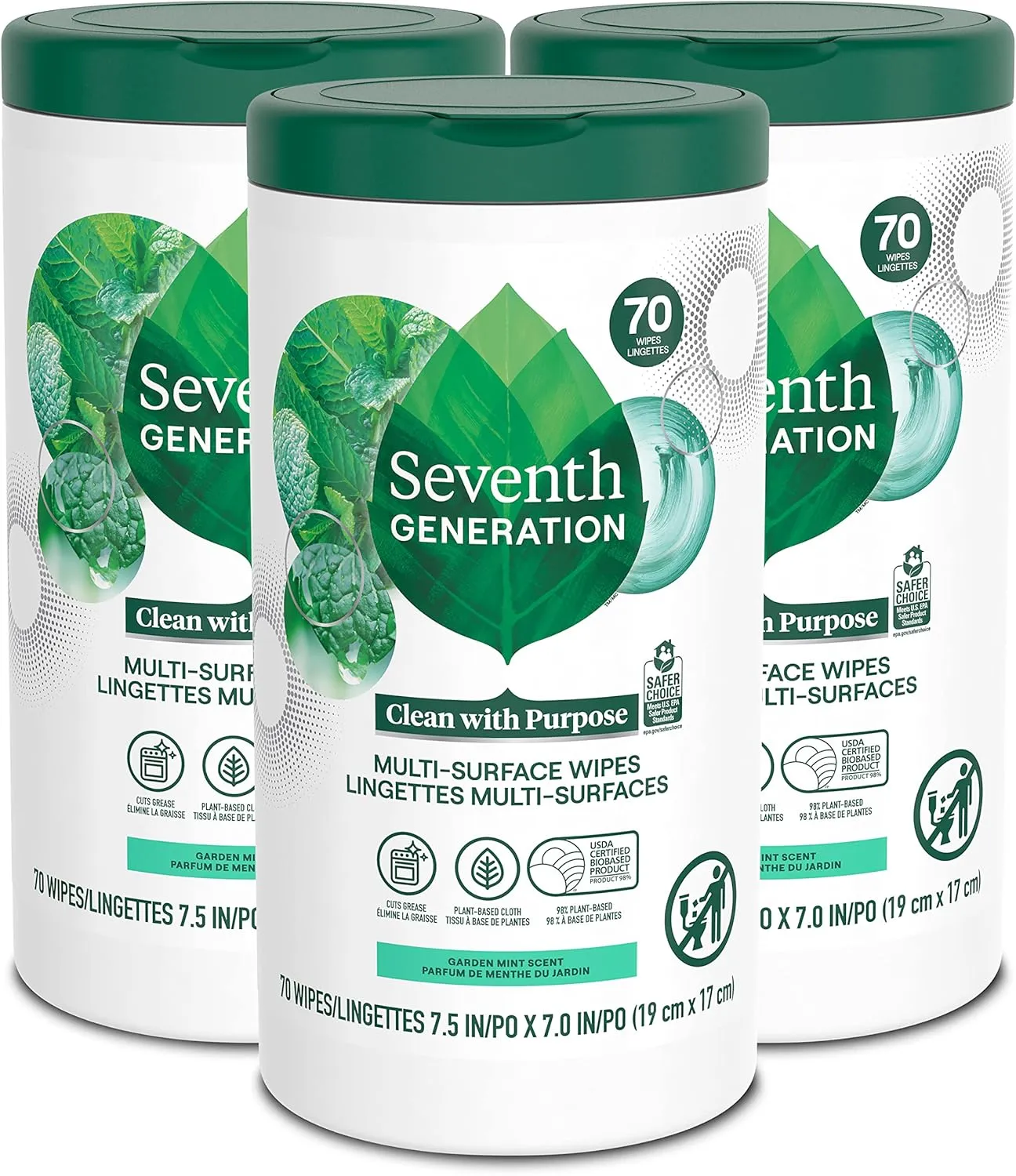 Seventh Generation Multi Purpose Wipes All Purpose Cleaning Garden Mint scent with 100% Essential Oils and Botanical Ingredients 70 count, Pack of 3
