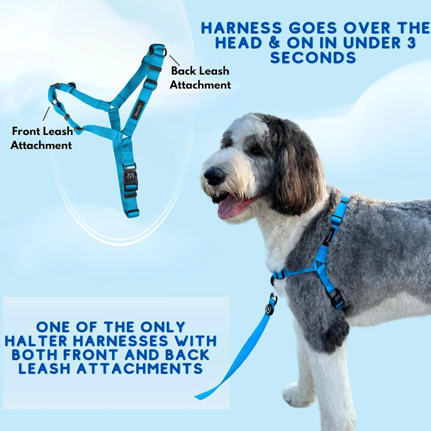 ShawnCo Dream Walk No-Pull Dog Harness- Adjustable, Comfortable, Easy to Use Pet Halter to Help Stop Pulling for Small, Medium and Large Dogs (Oceanic Blue, M)
