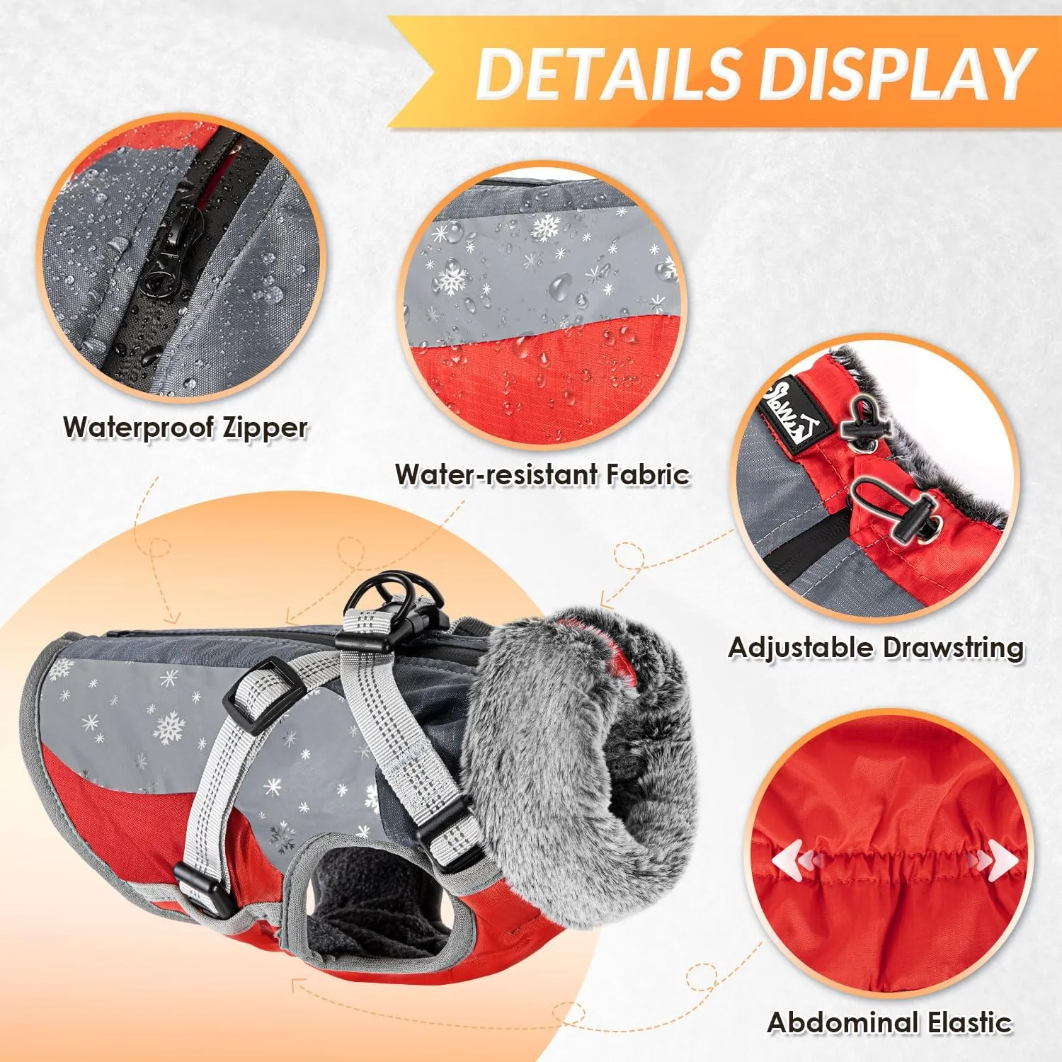 SlowTon Dog Jacket with Harness Built in, Waterproof Fleece Winter Warm Dog Coats for Small Medium Dogs, Reflective Adjustable Furry Puppy Vest Clothes for Outdoor Walking (Red,Size Large)