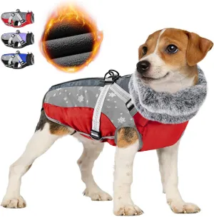 SlowTon Dog Jacket with Harness Built in, Waterproof Fleece Winter Warm Dog Coats for Small Medium Dogs, Reflective Adjustable Furry Puppy Vest Clothes for Outdoor Walking (Red,Size Large)