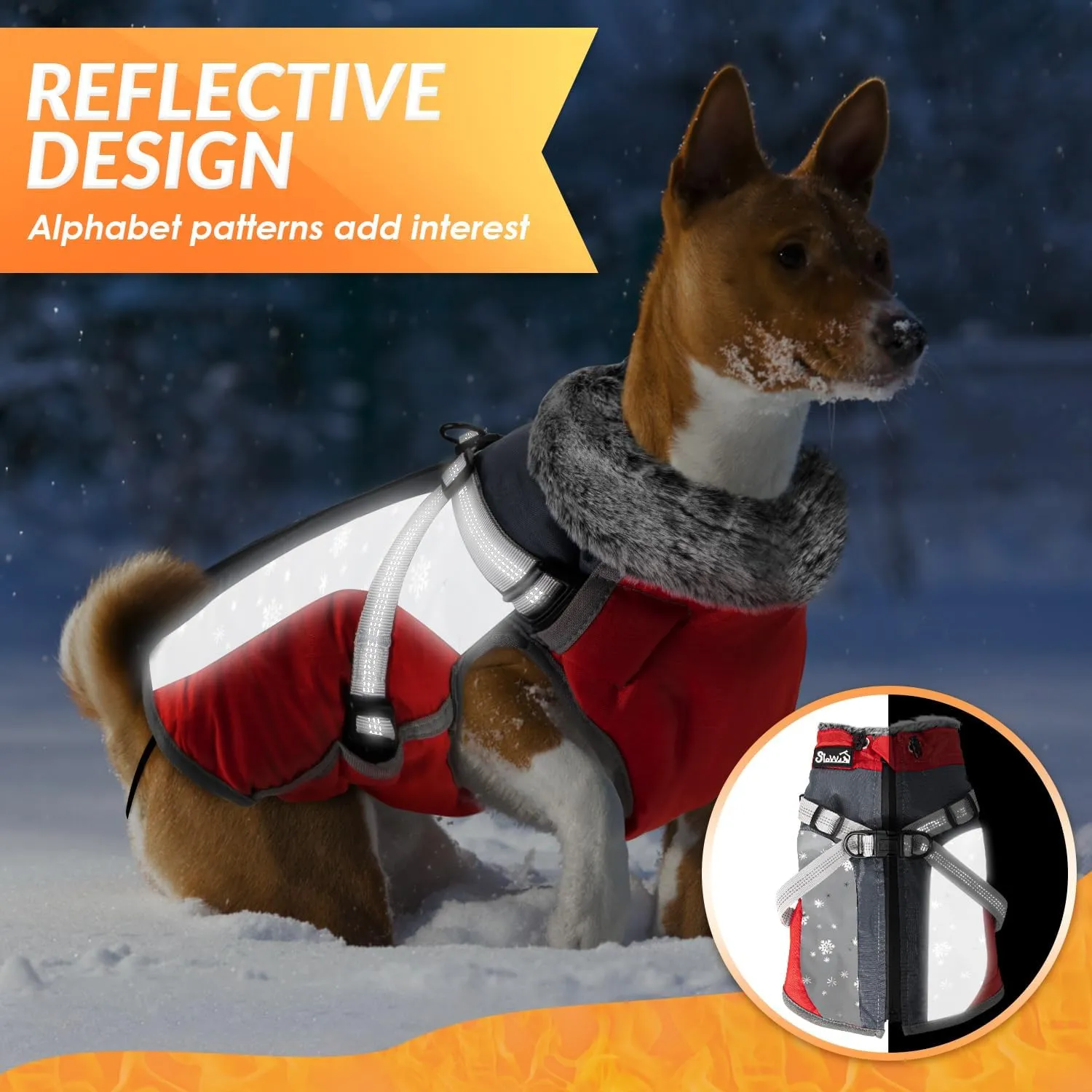 SlowTon Dog Jacket with Harness Built in, Waterproof Fleece Winter Warm Dog Coats for Small Medium Dogs, Reflective Adjustable Furry Puppy Vest Clothes for Outdoor Walking (Red,Size Large)
