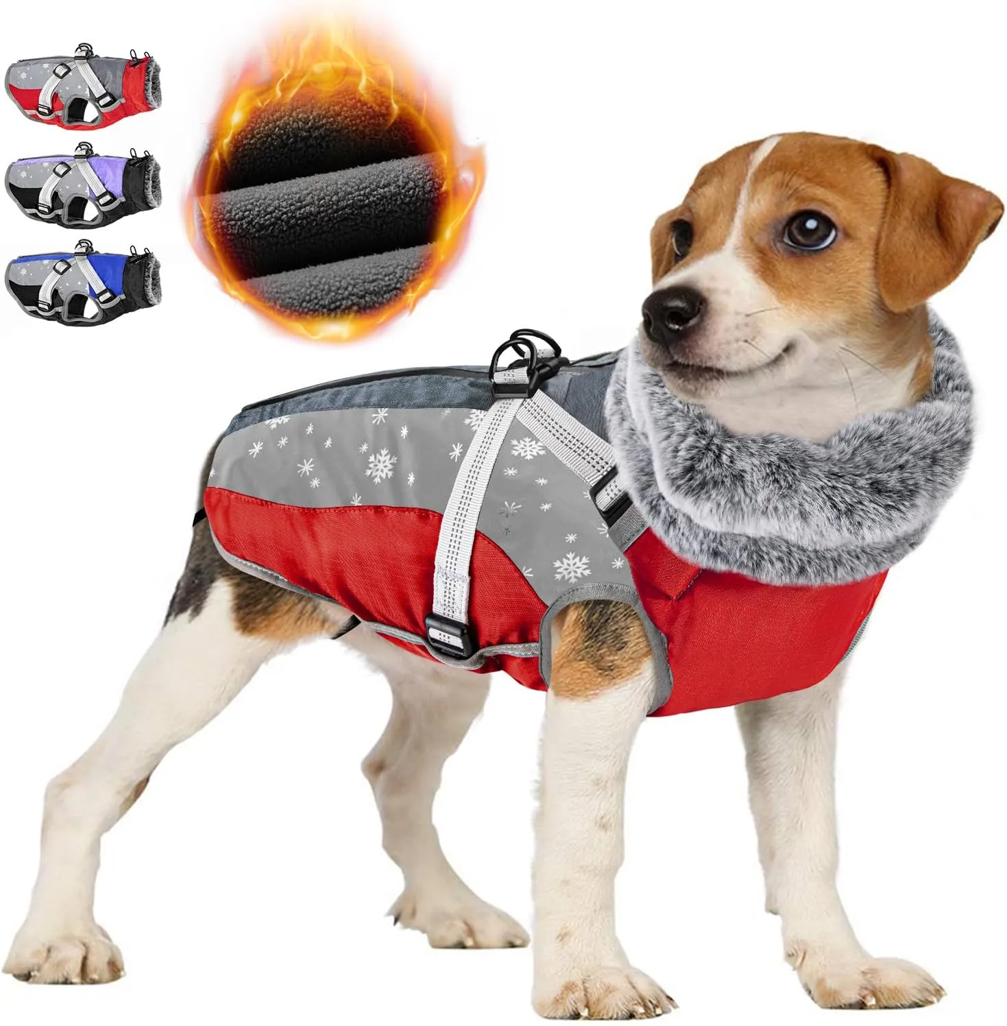 SlowTon Dog Jacket with Harness Built in, Waterproof Fleece Winter Warm Dog Coats for Small Medium Dogs, Reflective Adjustable Furry Puppy Vest Clothes for Outdoor Walking (Red,Size Large)