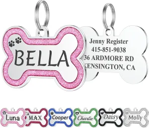 Stainless Steel Pet ID Tags in Glitter, Durable Dog Tags Engraved for Pets, Deep Engraved Personalized Dog Tags with Lovely 36 Icons, up to 5 Lines Custom Text Dog Name Tag (Small, Pink)