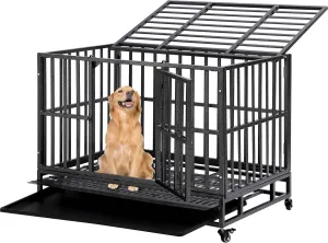 TITIMO 38 inch Heavy Duty Dog Crate Indestructible Dog Cage with Lockable Wheels and Removable Tray for Large Dog,Escape Proof Dog Kennel with Double Door for Indoor and Outdoor