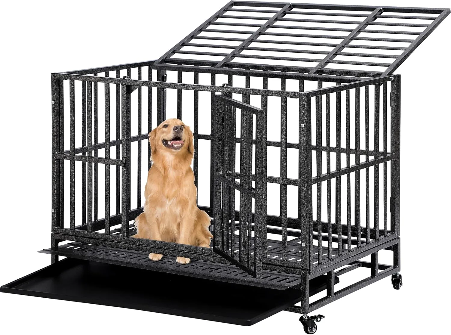 TITIMO 38 inch Heavy Duty Dog Crate Indestructible Dog Cage with Lockable Wheels and Removable Tray for Large Dog,Escape Proof Dog Kennel with Double Door for Indoor and Outdoor