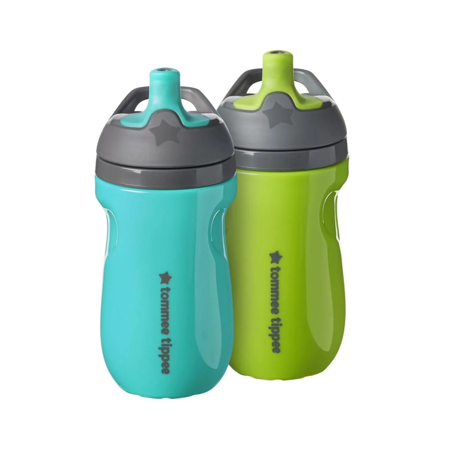 Tommee Tippee Insulated Sportee Bottle, for 12m , 9oz, Pack of 2 Non-Spill Toddler Water Bottles, Green and Teal, with Two-Piece Valve to Help Stop Spills, Bite-Resistant Spout and Easy-Hold Handle