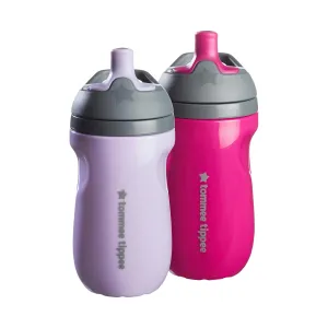 Tommee Tippee Insulated Sportee Bottle, for 12m , 9oz, Pack of 2 Non-Spill Toddler Water Bottles, Lilac and Plum, with Two-Piece Valve to Help Stop Spills, Bite-Resistant Spout and Easy-Hold Handle