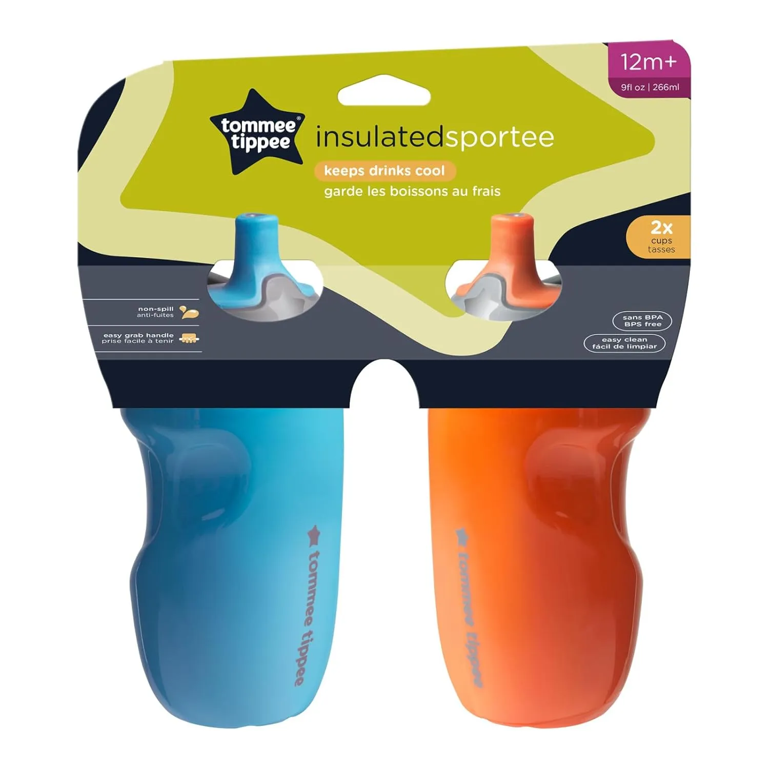 Tommee Tippee Insulated Sportee Bottle, for 12m , 9oz, Pack of 2 Non-Spill Toddler Water Bottles, Orange and Blue, with Two-Piece Valve to Help Stop Spills, Bite-Resistant Spout and Easy-Hold Handle